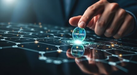 Naklejka premium Businessman hand touching digital compliance button on futuristic holographic interface, for corporate governance, legal adherence, regulatory standards business integrity