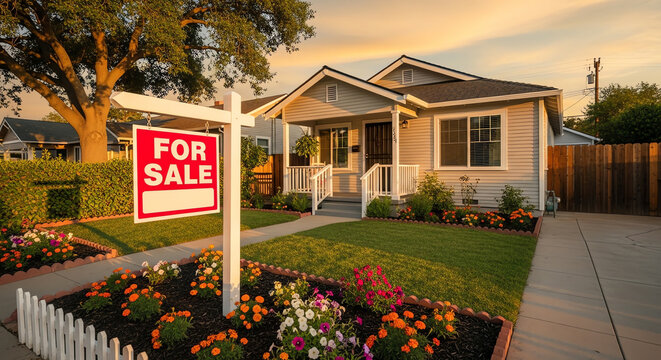 Charming Suburban House with "For Sale" Sign in Front Yard at Sunset