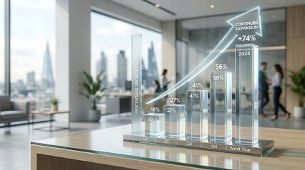 Obraz premium Glass bar chart on table with business people in modern office background