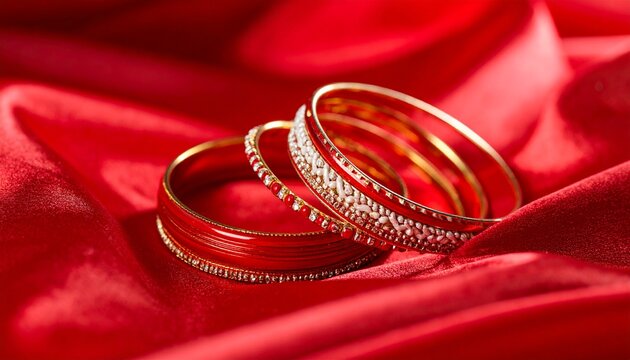 Authentic shakha pola bangles on luxury red fabric for Bengali New Year Poila Baisakh theme