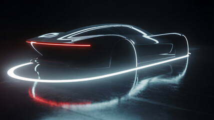 Low profile futuristic sports car with glowing red and white neon lights on dark background