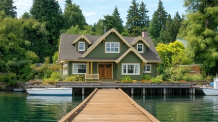 Fototapeta premium Elegant Craftsman-Style House by the Water Surrounded by Lush Greenery and Scenic Views