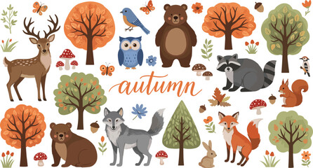 Detailed Autumn Woodland Animal Vector Illustration Set Featuring Deer, Wolf, Bear, and Fox with Fall Trees and Mushrooms for Nursery Decor and Seasonal Nature Designs © Fahim