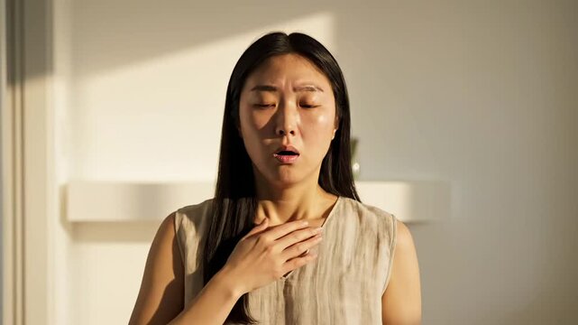 Asian woman experiencing breathing difficulty and chest pain while gasping for air in a sunlit home setting