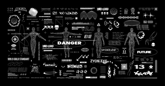 Futuristic collage with HUD interface and 3D elements. Brutalism Sci-fi set - hi-tech, y2k, signs, digital lettering, icons for streetwear, typography, merch. Vector Brutalism, HUD, Y2K elements set