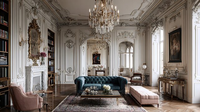 Grand Parisian living room with ornate architecture, velvet seating, and a crystal chandelier