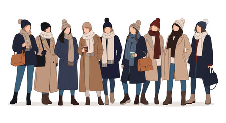 Fototapeta premium Stylish women dressed in colorful winter and autumn coats with scarves and hats standing together for a seasonal fashion set.