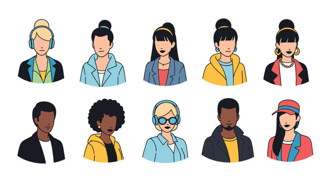 Set of diverse character avatars and profile pictures featuring different ethnic backgrounds hairstyles and modern accessories.