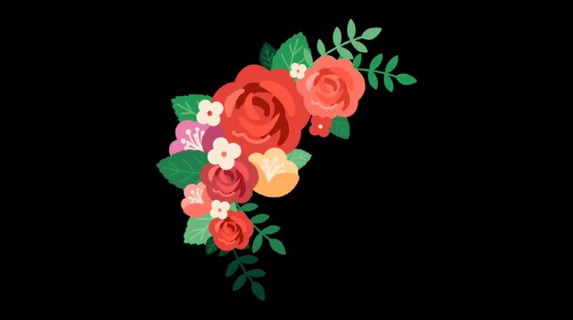 Colorful floral bouquet animation on black background with blooming roses leaves and soft decorative design