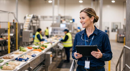 Fototapeta premium Female factory manager holding tablet at food production line. Smiling woman supervisor monitoring vegetable sorting process in manufacturing plant