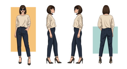 Obraz premium Young woman with a bob haircut wearing sunglasses and casual clothes shown from four different angles for a fashion study.