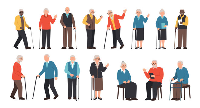 Diverse group of senior citizens showing active aging by walking with sticks or sitting while remaining social and connected.