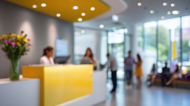 Medium shot of an urgent care lobby checkin with a receptionist and selfservice kiosk blurred waiting area in background during a busy weekday morning.