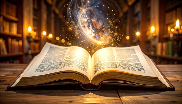 Open book with magic swirling light in antique library