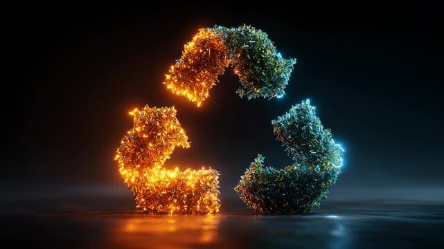 Abstract arrows glowing in dark space representing recycling process with bright colors showing movement and energy
