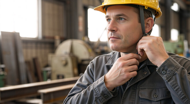 Caucasian male industrial worker putting on yellow hard hat in factory. Experienced engineer preparing for work in manufacturing plant