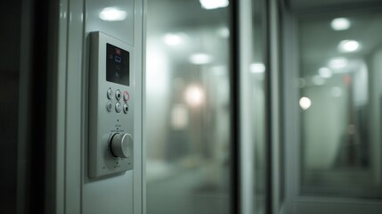 Naklejka premium Closeup on a compact audiology testing booth showing the control panel and soundproof walls sharply with soft focus on the surrounding area.