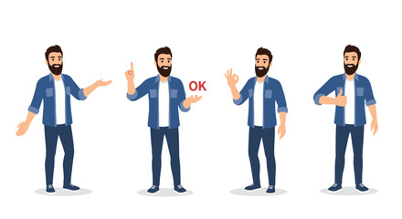 Obraz premium Man with a beard and a denim shirt showing positive hand gestures like the ok sign and thumbs up for communication purposes.