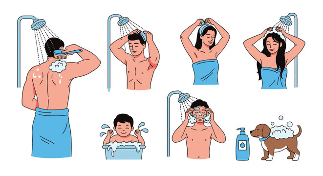 Collection of illustrations showing people and a small dog taking a shower or bath to represent daily hygiene and washing.