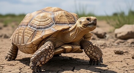 Obraz premium Large tortoise walking on cracked earth under sunlight.