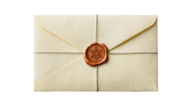Cream colored envelope sealed with a star wax seal tied with twine, isolated on transparent background