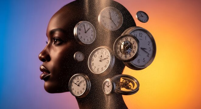 Elegant profile with deep melanin tones surrounded by levitating vintage clocks and falling sand, capturing intensity of fleeting moments, bokeh, anxiety, schedule
