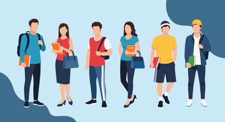 Fototapeta premium Group of diverse college students standing together with books and backpacks ready for a new academic semester on a blue abstract background.