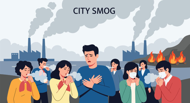 Dramatic illustration of people suffering from severe air pollution and city smog while wearing masks near industrial factories and forest fires.