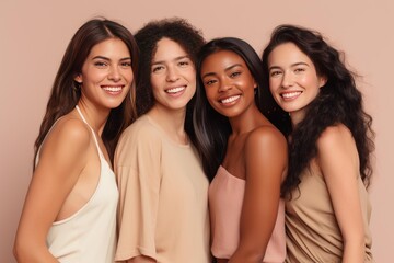 Obraz premium Four happy multi ethnic women standing together and smiling at the camera