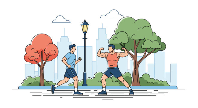 Two athletic men exercising in a city park with one man jogging and the other showing off his muscles in a tank top near trees and a lamp post.