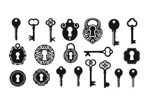 Key and keyhole silhouettes. Old house door keys, vintage lock keyholes frames and retro key silhouette icon vector set. Collection of elegant decorative antique and modern keyways of various shapes.