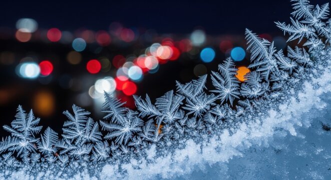 Frosty Ice Crystals on Window with City Lights Blur