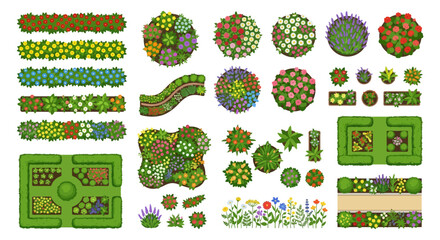 Aerial view of colorful flowerbeds and garden landscaping elements © Sumon