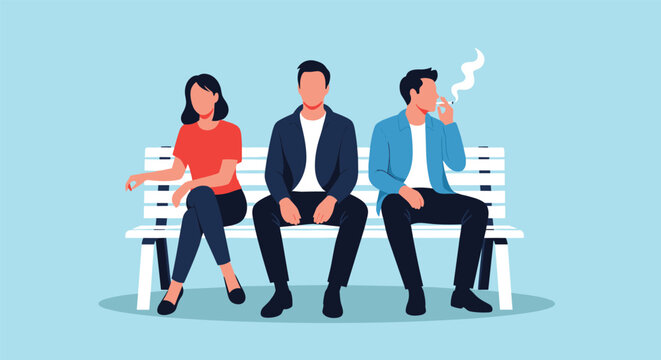 Three people sitting together on a white park bench with one man smoking a cigarette while the others appear uncomfortable.