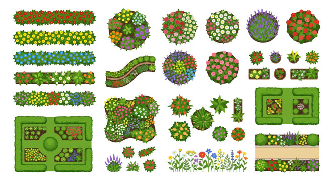 Aerial view of colorful flowerbeds and garden landscaping elements