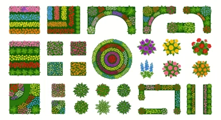 Fototapeten Grün Collection of colorful top down views of various flowerbed designs  © Sumon
