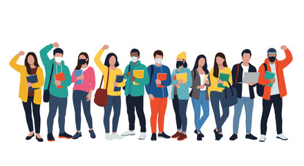 Obraz premium Group of diverse college students wearing protective masks and holding books and laptops while returning to campus.