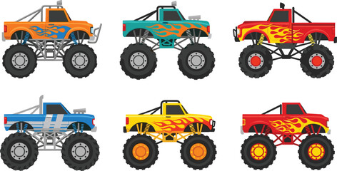 Powerful Monster Truck Vector Illustration Set Featuring Colorful Flame Decals and Oversized Tires for Extreme Sports, Offroad Racing, and Automotive Graphic Designs © Fahim