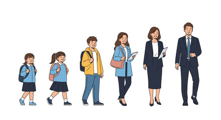 Fototapeta premium Aging process sequence showing the growth from a young school child to a successful professional man and woman.