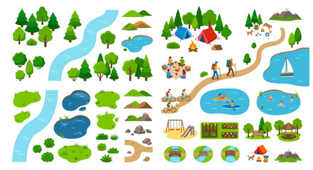 Colorful cartoon illustration of outdoor recreational activities and landscape elements © Sumon