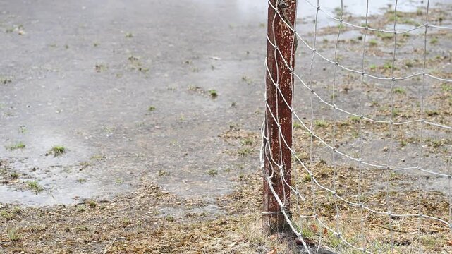 閉校となった小学校の荒れた校庭。雨上がりのグランドの水たまりと残されたサッカーゴール。冬の風景。