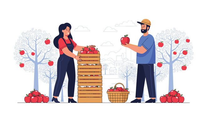 Man and woman working together in an apple orchard picking ripe red fruits and placing them into wooden crates and baskets.