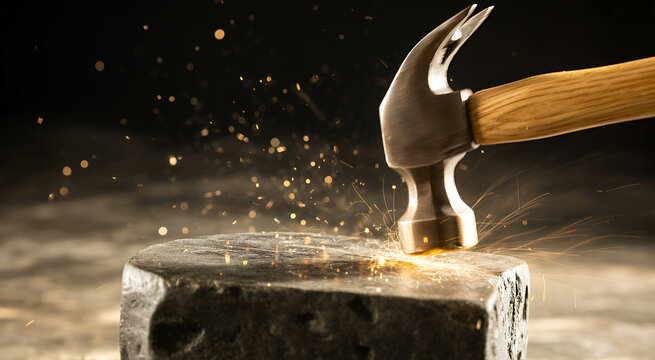 Close up of a metal hammer hitting a dark stone block with flying golden sparks in the darkness