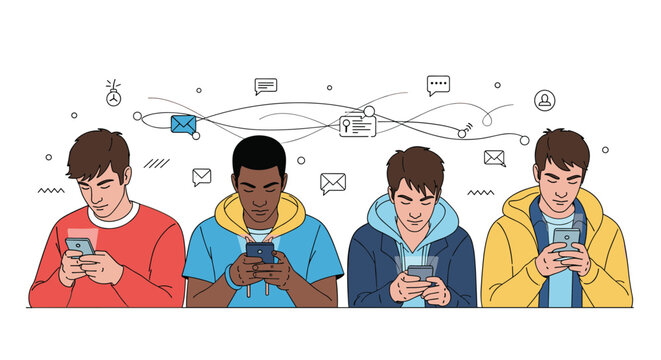 Group of four young men focused on their smartphones with various social media and communication app icons floating above.