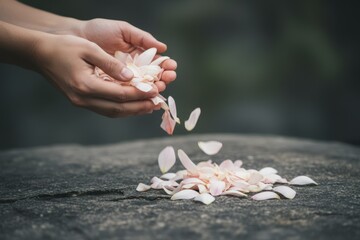 Naklejka premium Hands gently releasing pink flower petals onto a stone surface, symbolizing delicacy and nature's beauty. Ideal for themes of tranquility, nature, and mindfulness. Generative AI.