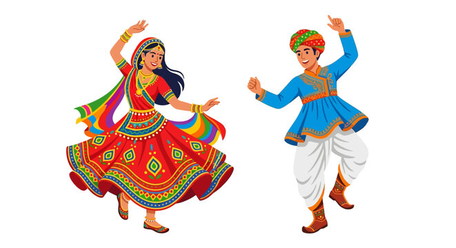Two joyful people in vibrant traditional indian clothing are dancing