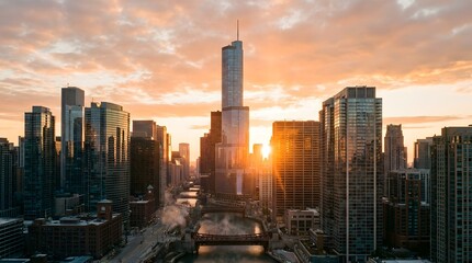 Obraz premium A vibrant urban cityscape bathed in the warm golden light of a sunset with towering skyscrapers reflecting the sky and a river winding through the