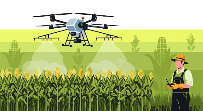 Agricultural innovation illustration, drone in cornfield enhancing crop spraying efficiency and