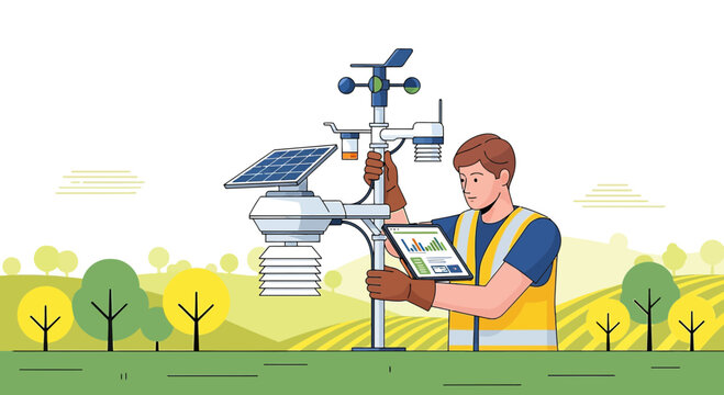 Agricultural technician analyzing weather data from an automated weather station in the field