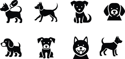 Fototapeta premium Black silhouette dog icons vector illustration set with multiple poses, pet animal symbols for design, logo, decoration, graphic art